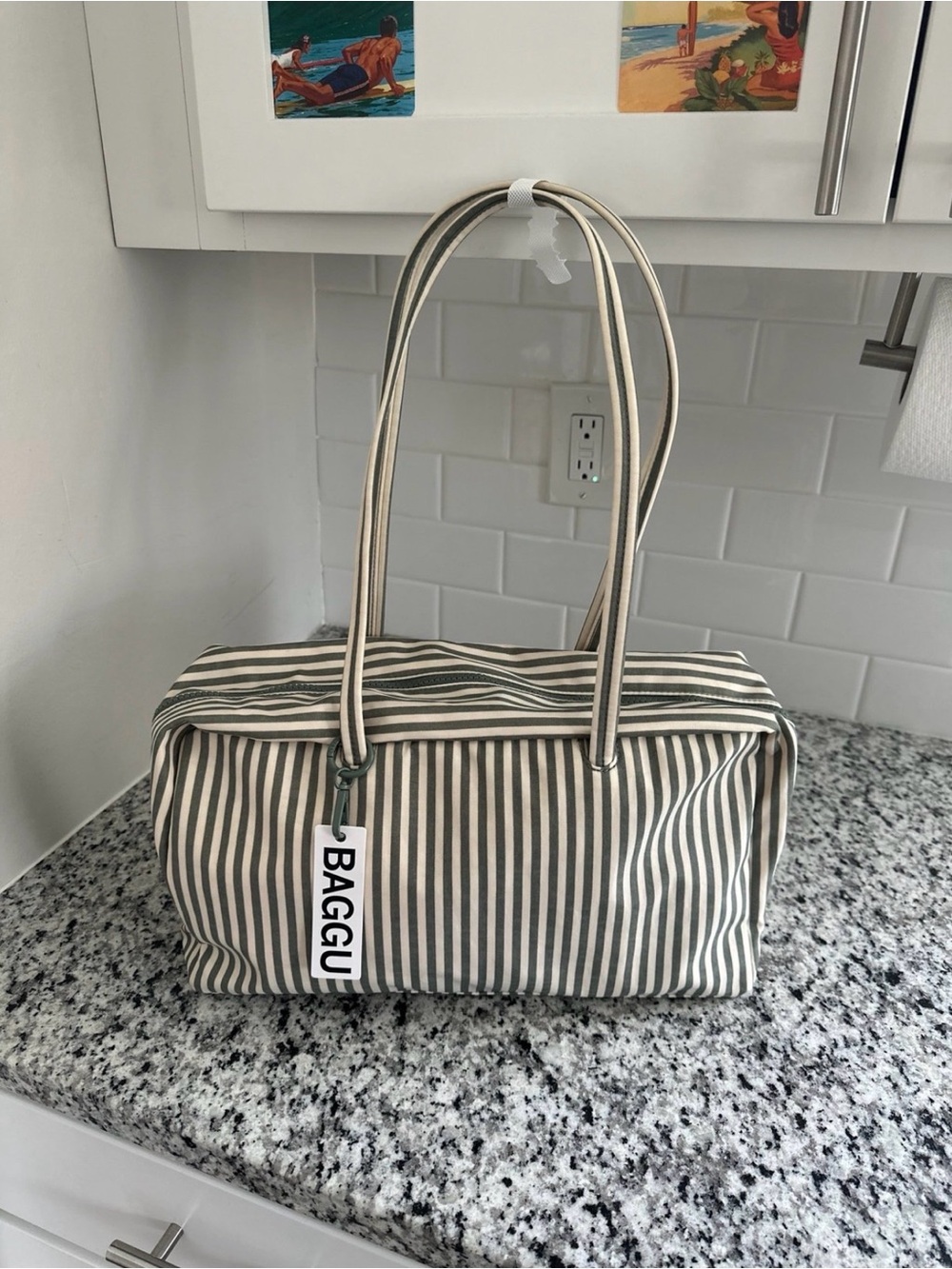 Baggu Medium Nylon Bowler Bag - Sage Stripe